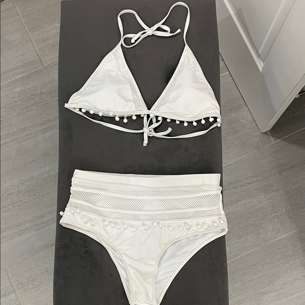 White Pom-Pom Trim Bikini Set